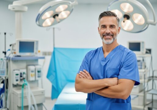 Smiling surgeon in blue scrubs in operating room isolated on white background