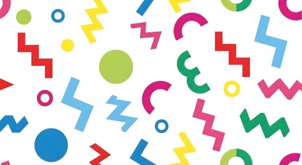 Bright and cheerful geometric shapes pattern with zigzag lines and circles in vibrant colors for playful design concepts