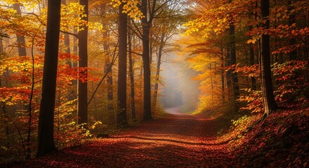 Stunning autumn forest path with golden light and colorful foliage, perfect for nature lovers and travel inspiration, evoking peace and tranquility
