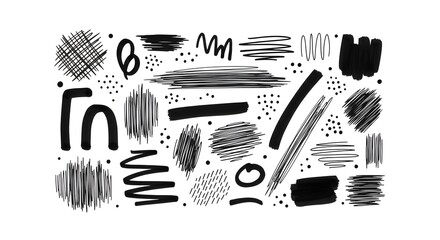 Versatile collection of hand-drawn black ink lines, scribbles, and brush strokes, perfect for adding an artistic, textured, and expressive flair to various design projects and creative backgrounds