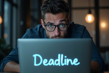 Exhausted man in office. Stressful deadline portrait. Overworked corporate employee. Fatigue at work.