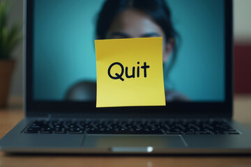 Quit note on laptop. Resignation concept. Workplace burnout symbolism. Office emotional scene.