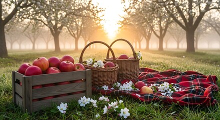 Apple Orchard Picnic with Red Apples in Crate and Baskets at Sunrise