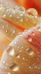 Fototapeta premium Water droplets glisten on orange yellow flower petal, shimmering beautifully, fresh morning dew detail.