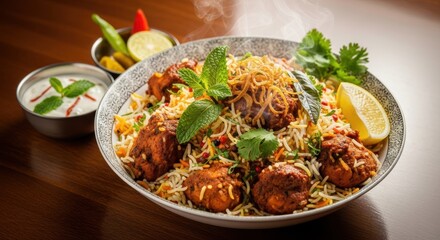 Steaming Chicken Biryani with Raita and Garnish, Rice, Indian food, Indian cuisine