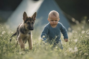 baby and dog embark on thrilling adventure around their campsite in heart of woods