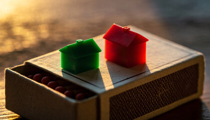 Conceptual image of Housing Market Volatility: Closeup of Red and green  Houses Monopoly on Matchbox 