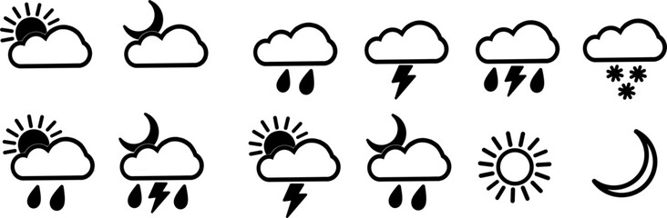 Weather icon set featuring sun, clouds, rain, storm, and snow elements in clean line art style for apps, infographics, and forecast designs.