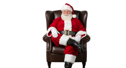 Jolly Santa Claus in red suit and hat sitting comfortably in a leather armchair isolated on a transparent background