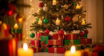 Cozy Christmas Tree with Gifts and Candles, Presents, Ornaments, Baubles