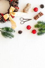 New Year DIY decoration - Christmas wreath with accessories, top view
