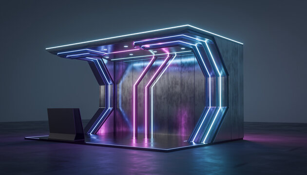 Sleek futuristic booth design with vibrant neon blue and pink lighting, perfect for modern tech exhibitions and innovative product launches.