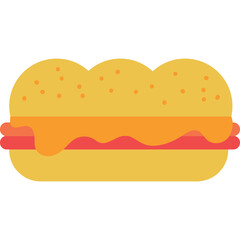 A Simple Cartoonish Illustration of a Long Sandwich with Melted Cheese and Meat Slices on a Transparent Background