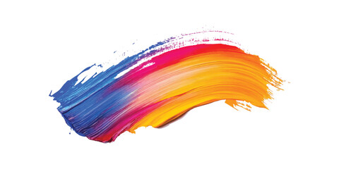 Vibrant blue pink and yellow paint brush stroke with textured streaks and splatters on white background