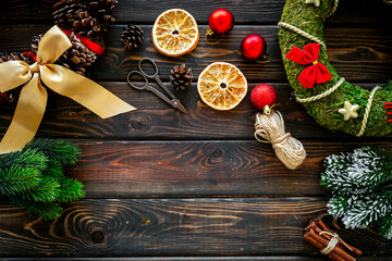 New Year DIY decoration - Christmas wreath with accessories, top view