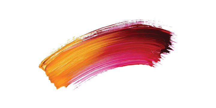 Vibrant abstract paint brush stroke with gradient of orange yellow pink and deep red colors on white background