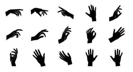 Fototapeta premium Collection of hand silhouettes in various poses and gestures black on transparent background