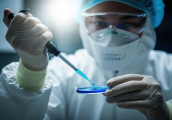Scientist in protective gear performing experiment with pipette and petri dish isolated on white background