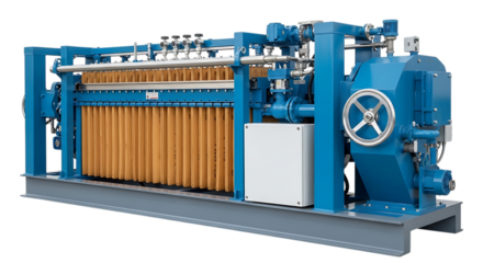 Industrial blue filter press machine with orange filter cloths and metal wheel isolated on a transparent background