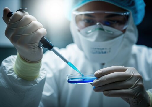 Scientist in protective gear performing experiment with pipette and petri dish isolated on white background