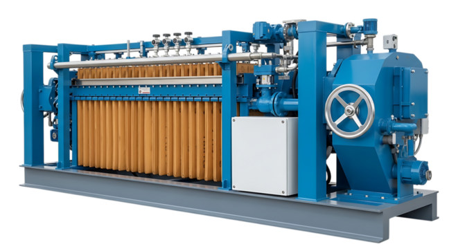 Industrial blue filter press machine with orange filter cloths and metal wheel isolated on a transparent background