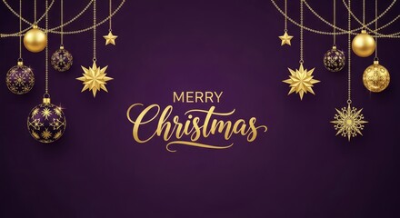 Gold christmas ornaments and stars hanging on chains with merry christmas text on purple background