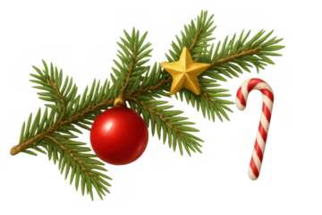 Christmas pine branch decorating with festive red ornament, golden star, and striped candy cane, transparent background