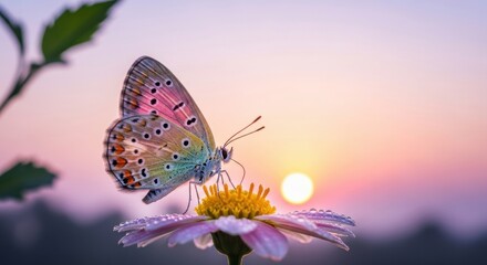 Dewy Butterfly on a Flower at Sunrise, Water drops, Insect, Nature