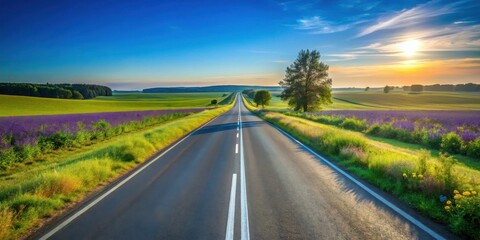 Asphalt ribbon unwinding through vibrant wildflowers under a breathtaking sunset sky, a picturesque journey ahead
