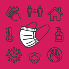 Virus Prevention Outline Icon Set  Face Mask, Handwashing, Social Distancing, and Safety Essentials