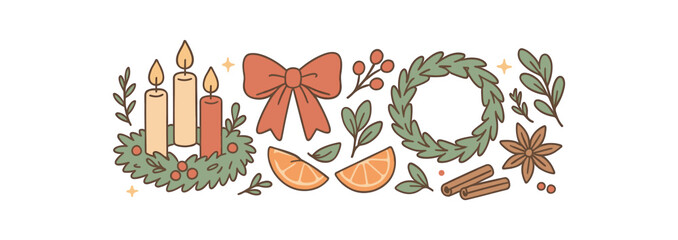 Cozy Christmas flat vector illustration collection of cute festive icons advent candles wreath base bow anise orange slices cinnamon sticks berries leaves tiny stars sparkles arranged