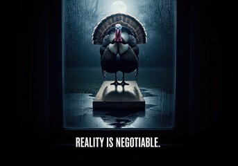Thanksgiving turkey in a glass box with the words 'Reality is Negotiable'