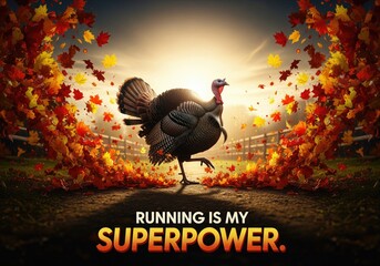 Thanksgiving turkey running with autumn leaves, humorous holiday concept