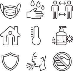 Virus Prevention Outline Icon Set  Face Mask, Handwashing, Social Distancing, and Safety Essentials
