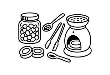 flat vector handdrawn black and white bold clean outlines white background incense crafting resin jar charcoal discs spoon tongs ceramic burner no logos