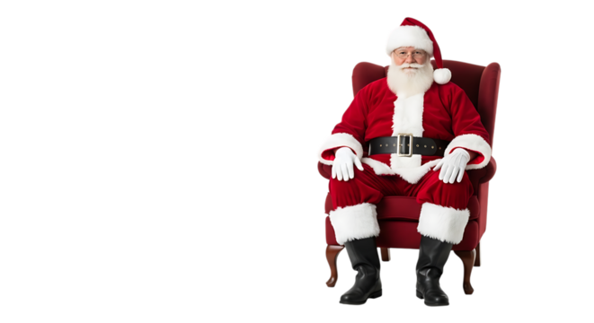 Jolly Santa Claus in Red Suit Sitting on a Red Armchair isolated on a transparent background Christmas - Powered by Adobe