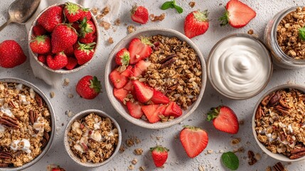 Healthy breakfast of granola, yogurt, and strawberries.