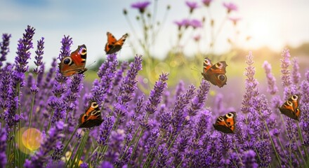 Butterflies Fluttering Over Lavender Field at Sunset, Butterfly, Flower, Flowers