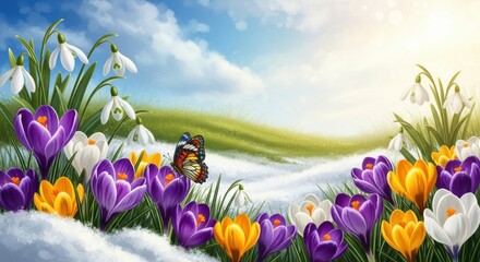 Vibrant Spring Awakening with Blooming Crocuses, Snowdrops and Butterfly, Flowers, Nature, Rebirth