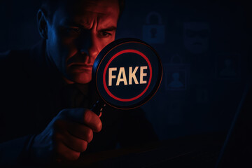 Man examining fake content with magnifying glass highlighting deepfake and ai crimes in dark environment