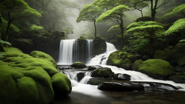 Cascada en bosque frondoso con rocas cubiertas de musgo y agua cristalina en un paisaje natural verde y sereno