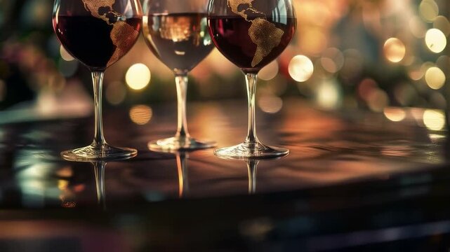 Three wine glasses decorated with a map of the world symbolise global unity — a stylish backdrop for advertising international events and gastronomic projects.
