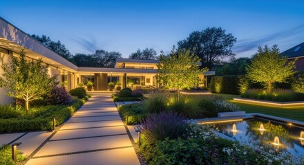 Modern Luxury Home Exterior with Illuminated Garden and Water Feature at Twilight, Modern house, Architecture, Contemporary