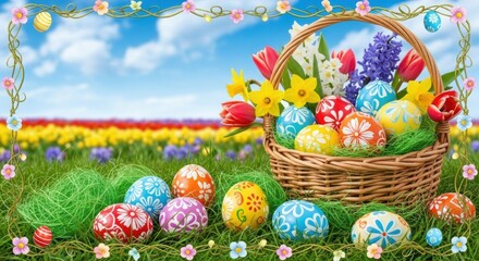Easter Basket Overflowing with Colorful Eggs and Flowers in a Spring Meadow, Easter eggs, Decorated eggs, Grass