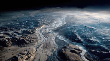 Aerial View of Mountain Range and Glacial River in a Remote Landscape