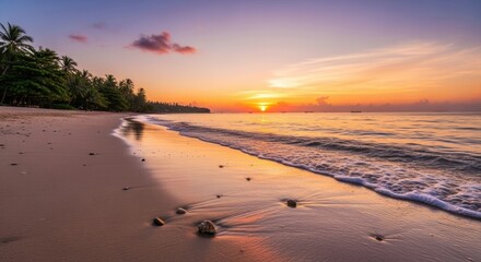 Serene Tropical Beach at Sunrise with Palm Trees and Calm Ocean Waves, Sunset, Sea, Water
