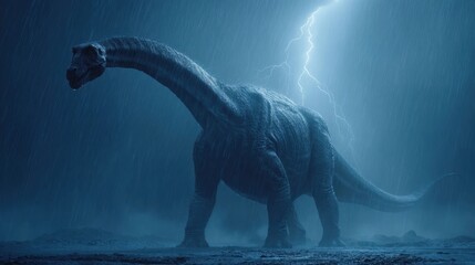 Dinosaur in Storm with Lightning and Rain at Night, Majestic Prehistoric Creature
