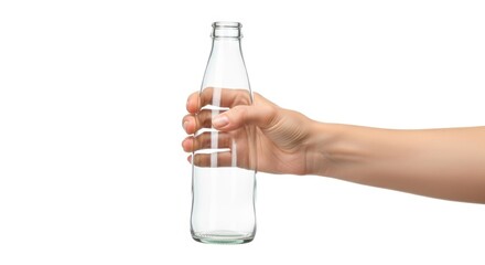 Hand Holding Clear Glass Bottle Isolated on White Background, Empty, Beverage, Container