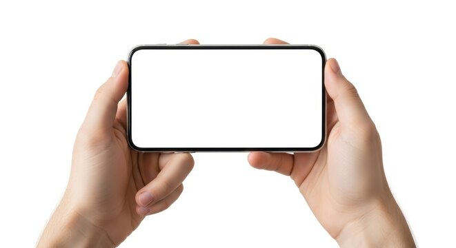 Hands holding a smartphone in landscape mode with a blank white screen, isolated on white background, Mobile phone, Cell phone, Holding phone