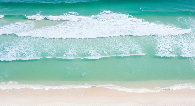 Aerial view of ocean waves crashing onto a sandy beach, creating white foam and turquoise water patterns.